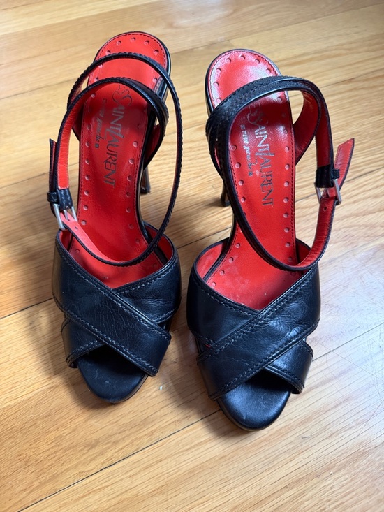 Saint Laurent Black Leather Crisscross Open-Toe Heels with Red Insole
